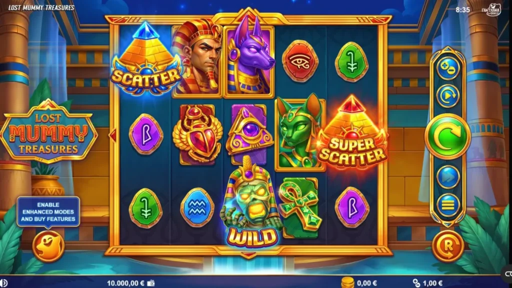 Tampilan visual slot Lost Mummy Treasures dengan tema kuil Mesir kuno